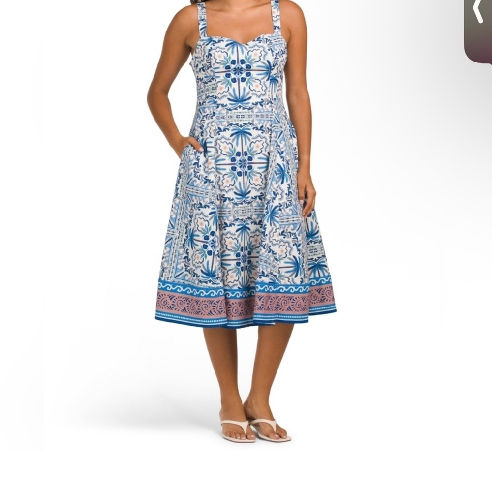 Avec Les Filles Blue and White Patterned Midi Dress